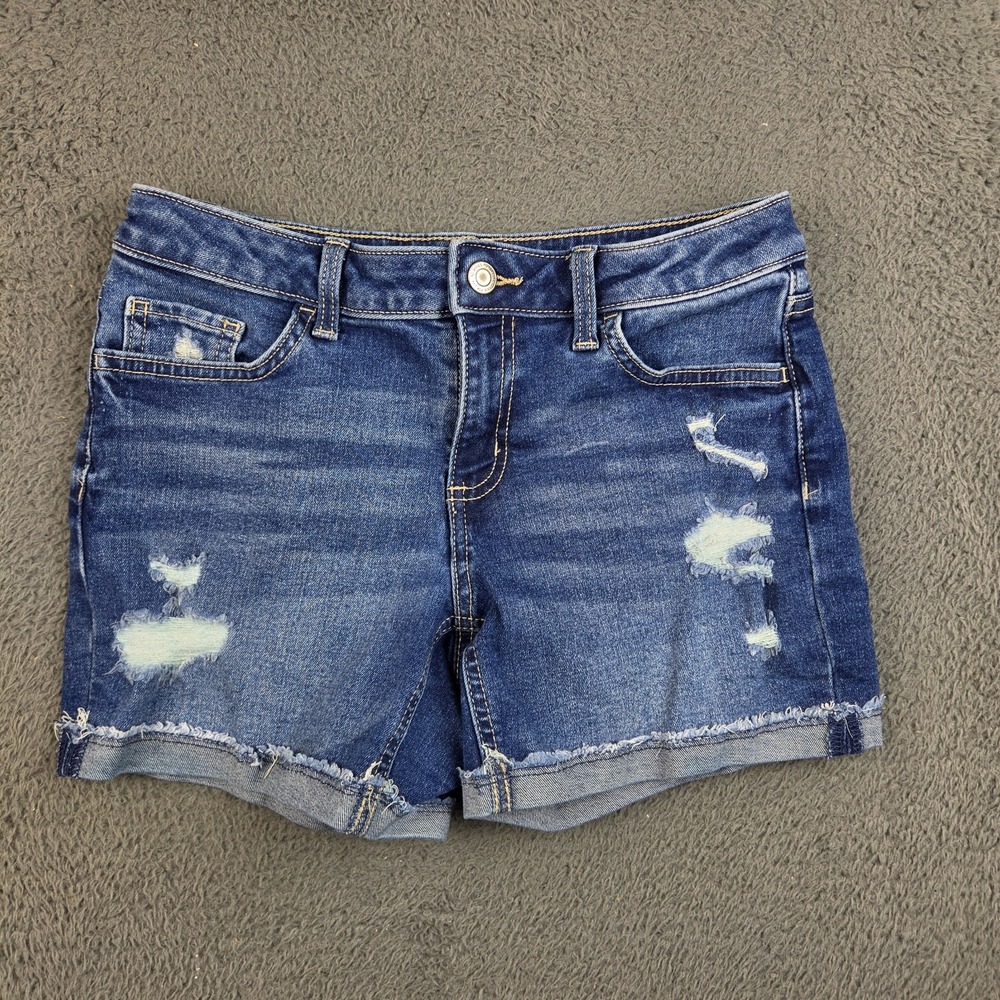 SO Cutoff Shorts Girl's 14 Blue Denim Cuffed Distressed Stretch Whiskered